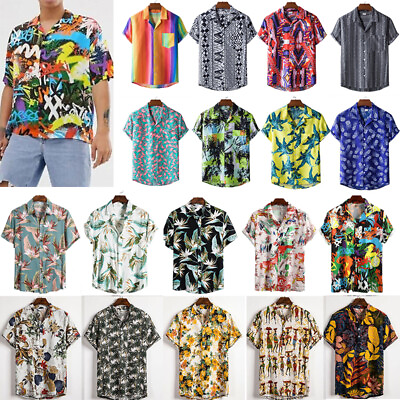 #ad Men Hawaiian Fashion Floral Print T Shirt Short Sleeve Casual Blouse Top*US $14.19