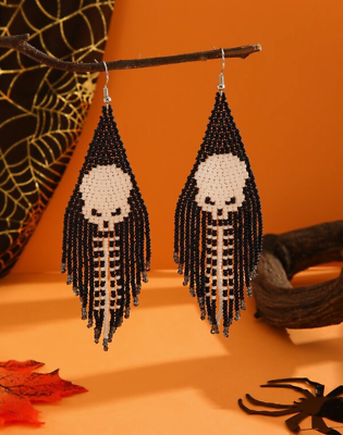 #ad Halloween Fashion Boho SKULL Skeleton Style Seed Beaded Earrings Women Handmade $22.50