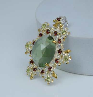#ad Natural Green Amethyst 925 Silver Floral Pendant Garnet Peridot Xmas Eve Jewelry $262.50