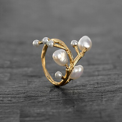 #ad Natural Pearl Gemstone Handmade Cocktail Ring Jewelry Gift For Bestie All Size $18.36