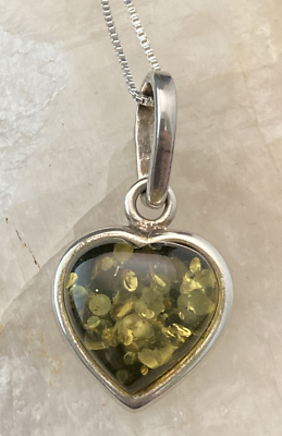 #ad Vintage Baltic Amber Green Heart Sterling Silver 925 Pendant 18#x27;#x27; Necklace 3.2g $30.70