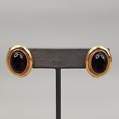 #ad Monet Pierced Earrings Drop Black Oval Bead Gold Tone 7 8quot; $12.99