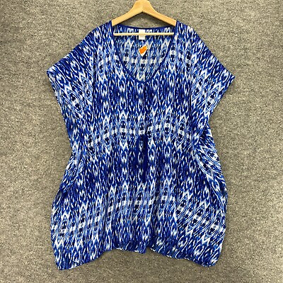 #ad New West Loop Blouse Women One Size Blue Geometric V Neck Short Sleeve Casual $13.29