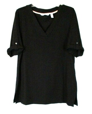 #ad Isaac Mizrahi V Neck Shirt Black Sz Medium Rolled Short Sleeve A399917 Women WC9 $19.79