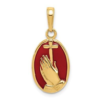 #ad Real 14kt Yellow Gold Red Enamel Praying Hands and Cross Pendant $145.41