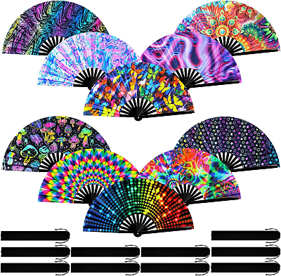 #ad 10 Pcs UV Glow Large Rave Bamboo Folding Clack Hand Fan for Men Women Folding Ha $51.94