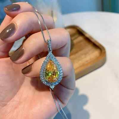 #ad 14K White Gold Plated Silver Simulated Citrine Pear Women#x27;s Best Pendant 3.50ct $149.00