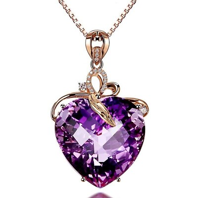#ad Heart Lab Created Amethyst Heart Shape Silver Pendant 14K Rose Gold Plated 3 Ct $125.99