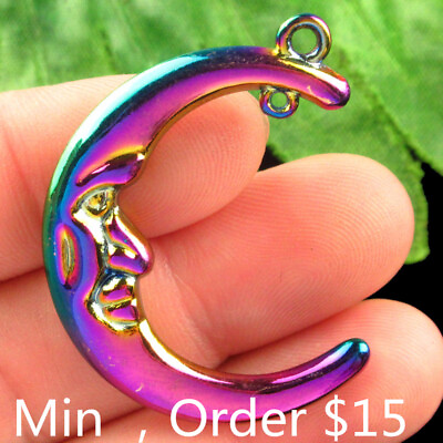 #ad B64562 Rainbow Tibetan Silver Moon Pendant Bead 40x10x4mm $5.99