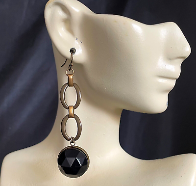 #ad Art Deco Earrings Long Links W Antique Black French Jet Glass Drops $23.00