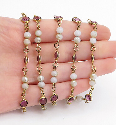 #ad 925 Silver Vintage Freshwater Pearls amp; Amethyst Beaded Chain Necklace NE1018 $83.72