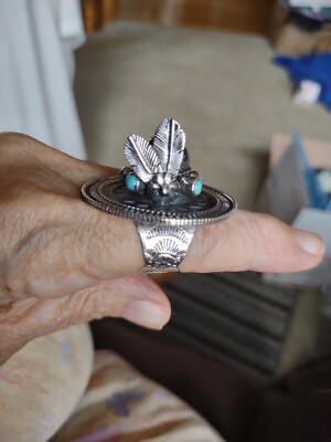 #ad Turquoise amp; Sterling Silver 925 Stamped Hat Ring Navajo Made Size 9.5 $249.95