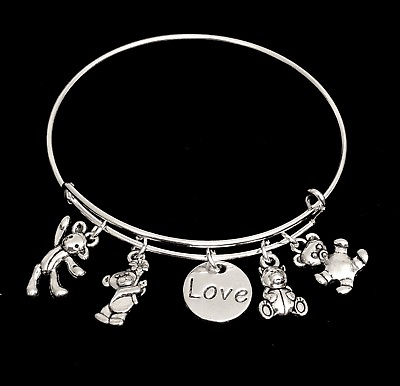 #ad Bears with Love So cute Teddy Bears Silver charms Expandable Bangle Bracelet $4.50