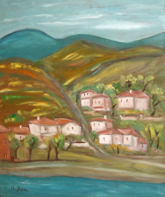 #ad Vintage Post Impressionist mountain village landscape oil painting signed $185.62