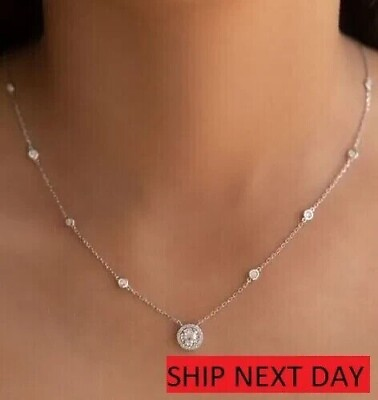 #ad 2CT Round Cut Lab Created Diamond Women#x27;s Halo Necklace 14K White Gold Plated $74.99