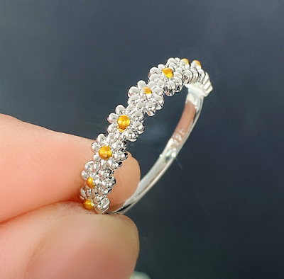 #ad Silver White Yellow Flower Chrysanthemum Daisy Band Ring $9.99