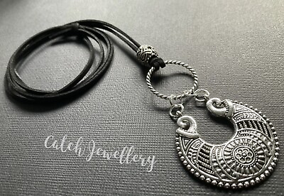 #ad Long Black Suede Necklace With Tibetan Silver Hoop Pendant Boho Lagenlook GBP 4.29