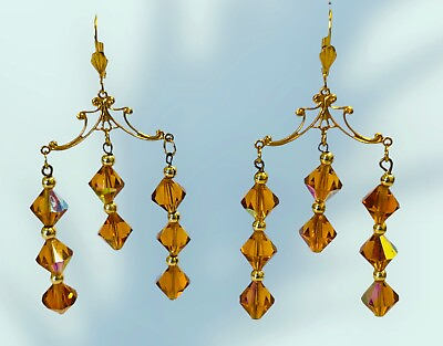 #ad Vintage Earrings Long Gold Tone Dangle Chandelier Drop Amber AB Crystals 2.75quot; $21.00