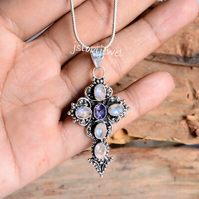 #ad Rainbow Moonstone Amethyst Cut Gemstone Cross 925 Sterling Silver Work Jewelry $26.78