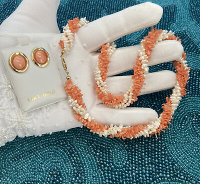 #ad Vtg.Natural Angel Skin Coral Solid 14K Yellow Gold Beaded Necklace earrings Set $365.00