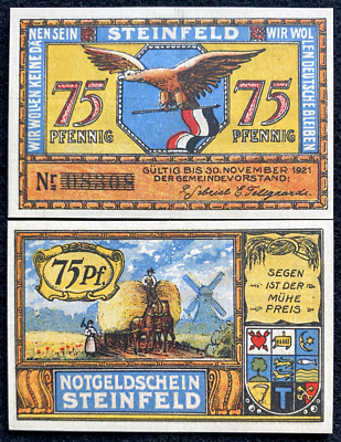 #ad Germany NOTGELD 75 Pfenning 30 Nov 1921 Emergency Money UNC RARE 103 Years OLD $10.45