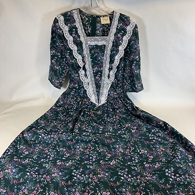 #ad Vintage Green Drop Waist 3 4 Sleeve Lacy floral dress Robin Gayle size 7 $39.99