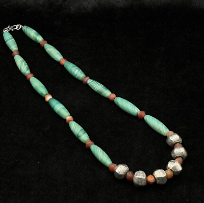 #ad Wonderful Vintage Green Banded Agate Silver And Carnelian Beaded Stone Necklace $200.00
