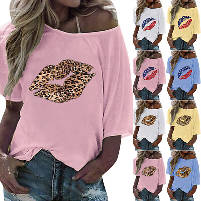 #ad Womens Lip Printed Half Sleeve Ong Shoulder T Shirt Loose Tops Multi Colours Hot $17.49