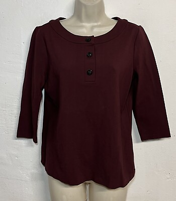 #ad Talbots Small Petite Knit Top Burgundy 3 4 Sleeve Button Round Neck Stretch Top $9.60