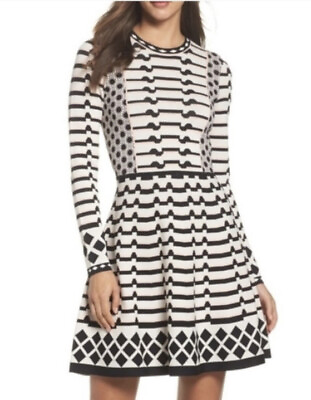 #ad Eliza J Long Sleeve A Line Sweater Dress Geometric Size Large $35.00