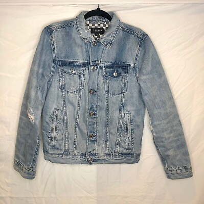 #ad Pacsun Classic Denim Jean Jacket w Checkered Lining Size Mens Small Distressed $30.42