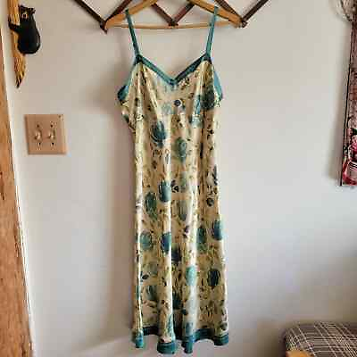 #ad Vintage Putumayo Silk Dress Slip Floral Teal Blue Cream XL Extra Large $89.99