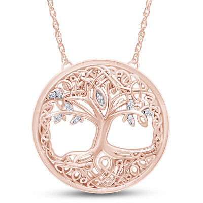 #ad Tree Life Pendant Necklace Round Simulated Diamond 14K Rose Gold Plated Silver $45.99