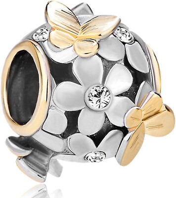 #ad Pandora Charms Bracelet With Crystal Love Silver Charm New Butterfly and Flowers $16.99