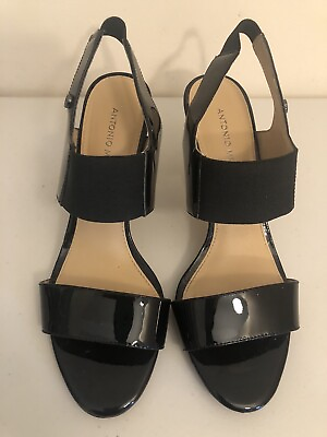 #ad Antonio Melani Womens 8.5 Black Open Toe Sandals Patent Leather Heels $19.95