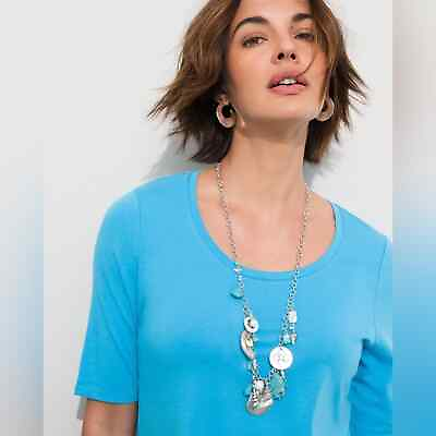 #ad Chicos Seashell Charm Statement turquoise color Necklace NWT silver tone $35.00