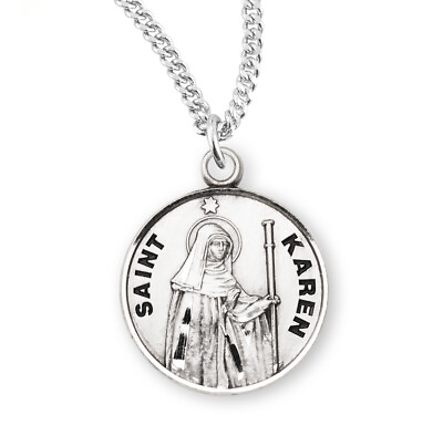 #ad Catholic Patron Saint Karen Round Sterling Silver Medal Pendant Necklace $67.88
