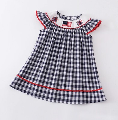 #ad NEW Boutique 4th of July Girls Embroidered Smocked Gingham Plaid Dress $5.99