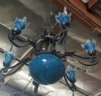 #ad Wrought Iron Chandelier amp; Blue 16 Glass Shades Handmade $3500.00