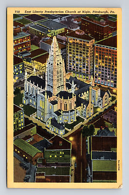 #ad c1937 Postcard Pittsburg PA Aerial Night View East Liberty Presbyterian Church $3.77