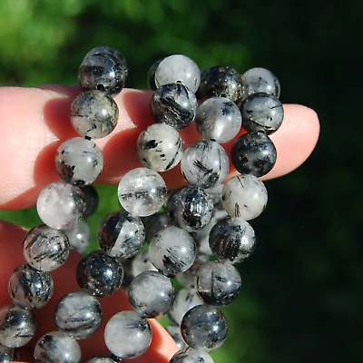 #ad Black Tourmaline Quartz Crystal Bracelet 8mm Natural Black Rutile Beads $13.49