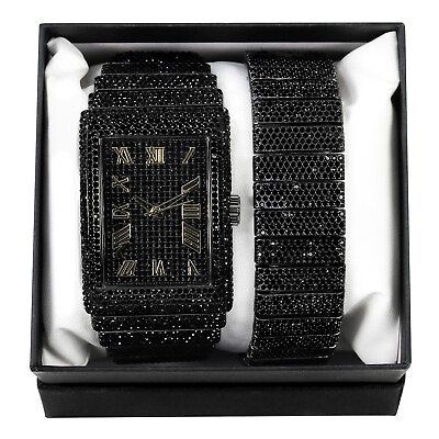 #ad Men#x27;s Watch Gift Set Square Round Luxury Chandelier Hip Hop Full Iced amp; Bracelet $39.99