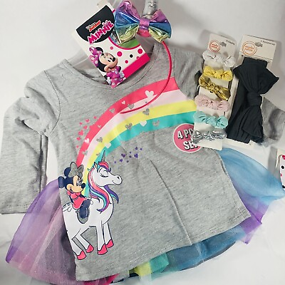 #ad Girls 12 month Minnie Mouse Unicorn Outfit Hair Accessories Rainbow Shirt Pants $19.99
