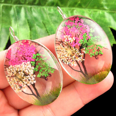 #ad 2Pcs Wrapped Crystal Glass Multicolor Dried Flower Oval Pendant Bead Q11973 $9.95