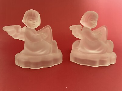 #ad Avon 1995 Hummel Frosted Angel Harp Candlesticks 24% Lead Crystal Set of 2 $6.79