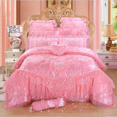#ad 4 6 8pcs Red Pink Lace Princess Bedding Set Luxury Girls Quilt Cover Bed Sheet AU $449.60
