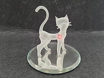 #ad Frosted Crystal Cat Figurine With Rose Flower $19.50
