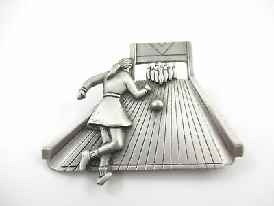 #ad Signed JJ Vintage Lady Bowling Silver Pewter Tone Brooch Pin Jonette Jewelry $15.00