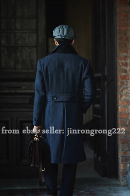 #ad British Vintage Polo Coat Long Slim Fit Herringbone Tweed Wool Overcoat $249.70