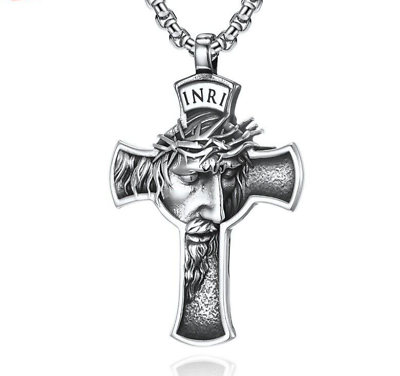 #ad Men#x27;s Stainless Steel Jesus Christ Face Crucifix Cross Pendant Necklace Lucky $12.99